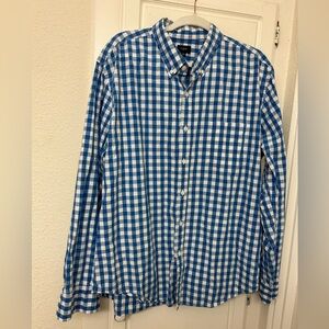 J Crew Button Down XXL Blue White Plaid Dress Shirt Casual Lightweight Preppy